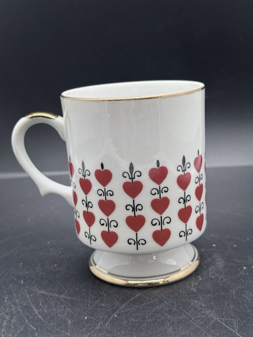 Vintage Relpo Japan Fluer De Lis Heart Valentines Red Black Gold Mug Cards